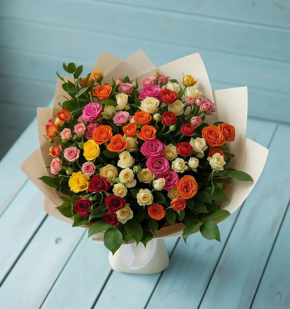 Букет Микс из разноцветных кустовых роз в Гофицком