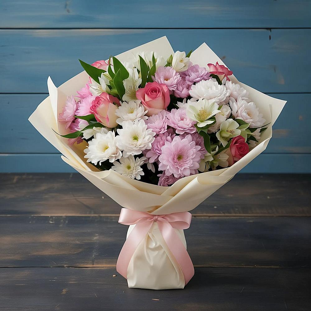 Букет цветов из: Хризантемы, Альстромерии и Розы в Гофицком